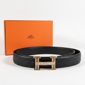 H Quality Designer Leather Belt – Black Gold Crystal H Buckle